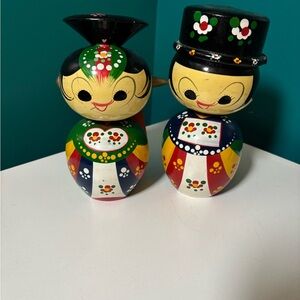 Kokeshi Japanese Wooden Vibrant Hand-Painted Bobble Head Dolls Vintage